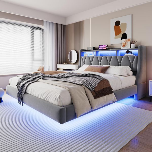 Letto Imbottito Merax 180X200Cm Con Testata Ribaltabile, Letto Contenitore Con Led, Connessione Di Ricarica Usb E Type-C, Design Fluttuante, Letto Matrimoniale In Velluto, Grigio-image