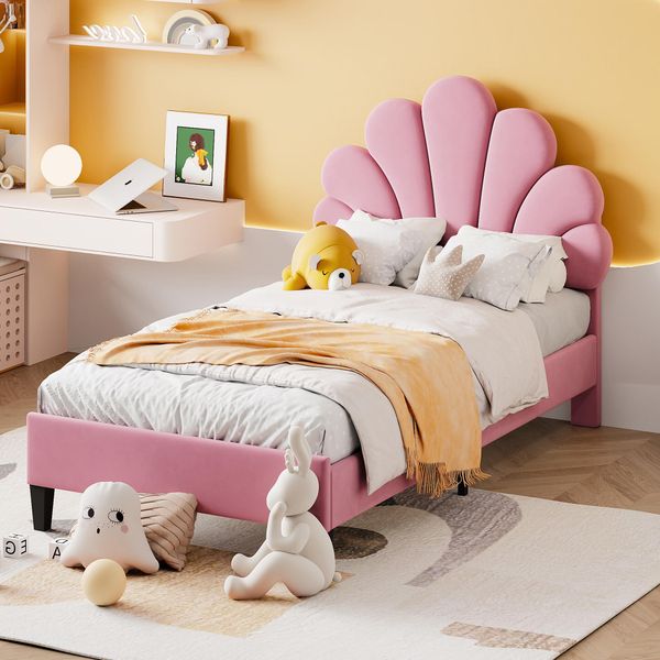 Letto Imbottito Per Bambini 90 X 200 Cm, Struttura Del Letto Con Testata A Forma Di Fiore E Rete A Doghe, Letto Per Ospiti, Rosa-image