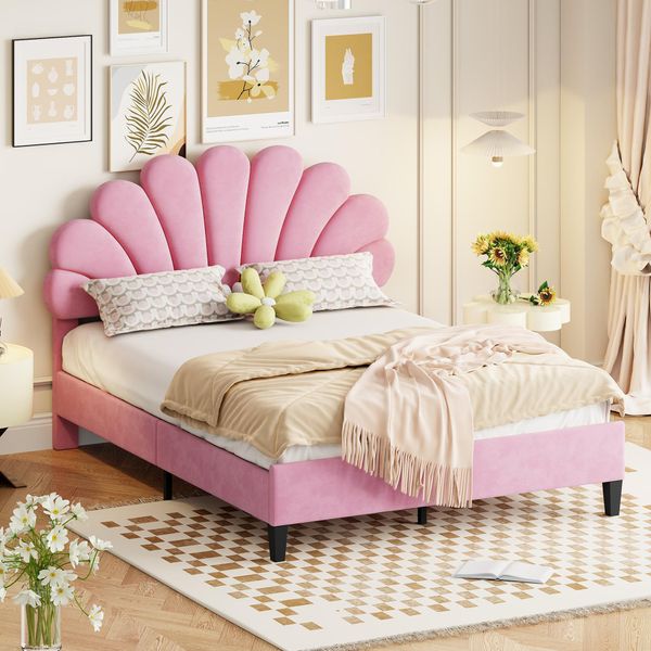 Letto Imbottito Letto Matrimoniale 140 X 200 Cm, Struttura Letto Con Testata A Forma Di Fiore E Rete A Doghe, Letto Per Ospiti Rosa-image