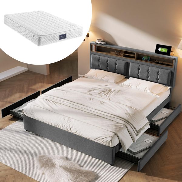 Letto Matrimoniale Con 4 Cassetti& Presa Usb C, Letto Imbottito 140X200Cm, Testata Regolabile In Altezza, Rete A Doghe In Legno (Con Materasso)-image