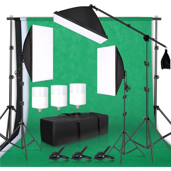 Set Per Studio Fotografico – Lampade Da Studio Softbox Con Green Screen E Sistema Di Sfondo – Treppiedi – Borsa Per Il Trasporto – Offerta Black Friday / Natale-image
