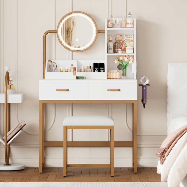 Tavolino Da Toilette Merax Con Sgabello, Illuminazione Led, Luminosità Regolabile, Specchio Girevole, Prese E Usb, 2 Cassetti, Tavolino Per Cosmetici, Golden-image