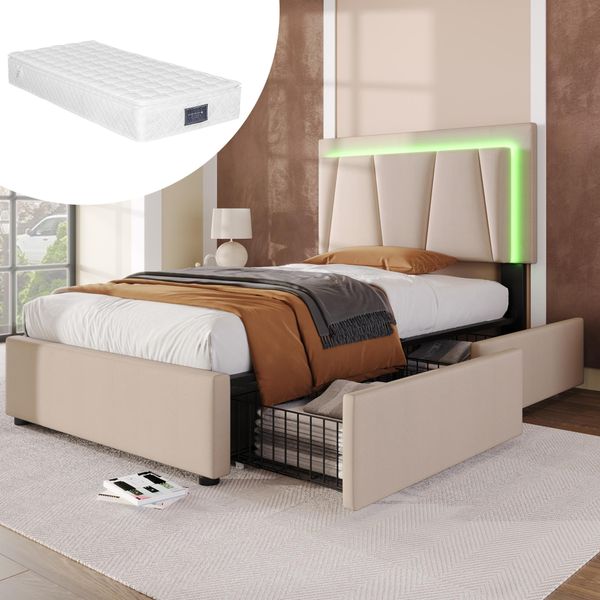 Letto Imbottito Con Led E 2 Cassetti, Testata Regolabile In Altezza, Letto Singolo 90X200Cm Letto Contenitore Struttura Letto, Beige Con Materasso-image