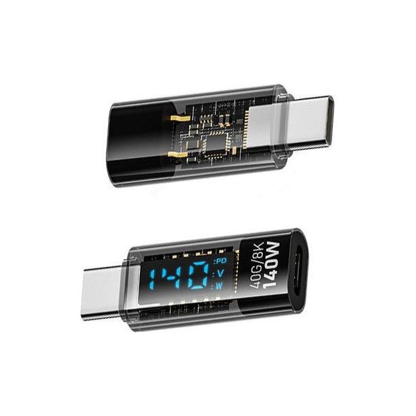 Inf Adattatore Da TYPE-C Femmina A TYPE-C Maschio 140W Con Display Digitale, Nero Trasparente, 2 Pezzi-image