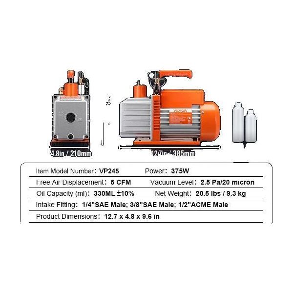 Pompa Per Vuoto, 3,5/5/7CFM, Capacità Olio 250 Ml, 5CFM 375W 2 Stadi, Eu-image