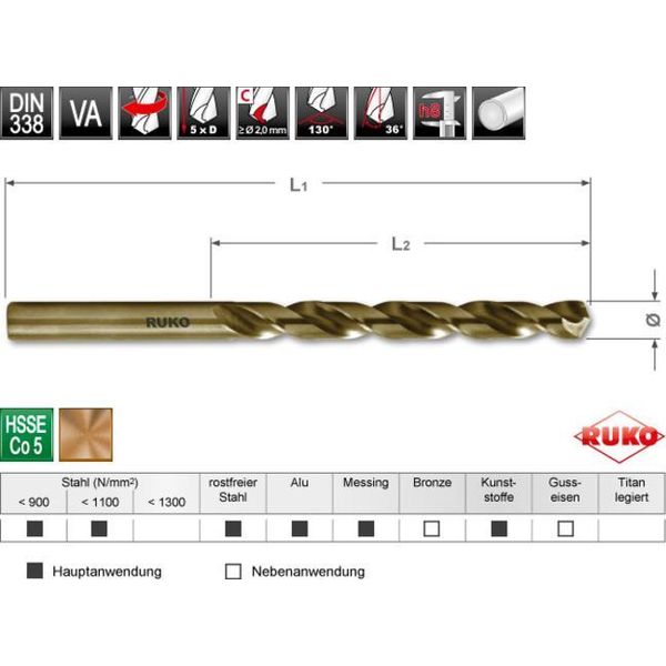 Trapano Ruko Din 338 Tipo Va Hsse Co 5 In Sacchetto Self-Service Ø 10,5 X 133 X 87 Mm-image