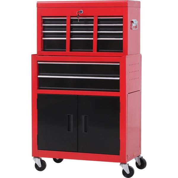 Carrello Da Officina Con Cassetta Porta Attrezzi Carrello Porta Attrezzi Vuoto Chiudibile A Chiave Con 6 Cassetti, Vano Portaoggetti, Tappetini Antiscivolo, 2 Chiavi Armadio Porta Attrezzi In Metallo Rosso+Nero Aosom-image
