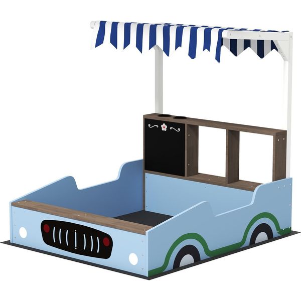 Sabbiera Con Tetto, 90 X 108 Cm Sabbiera In Legno Sabbiera Con Panca, Tavolo Da Disegno, Fioriere, Negozio Design Per 2 Bambini 3-7 Anni Blu Aosom-image