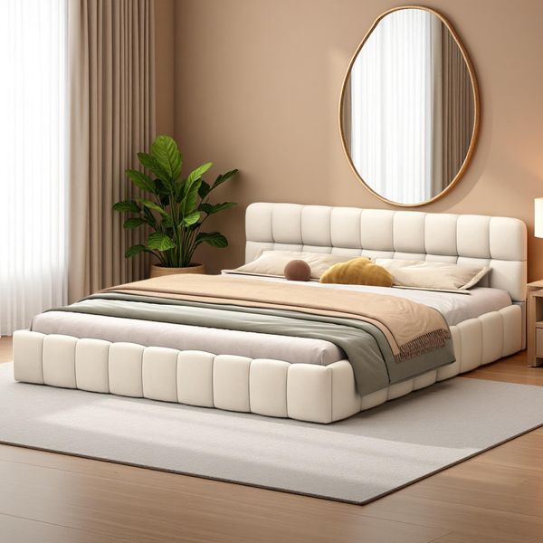 Letto Imbottito Fortuna Lai 140X200 Cm, Letto Matrimoniale Con Schienale, Rete A Doghe E Rivestimento In Lino, Beige-image