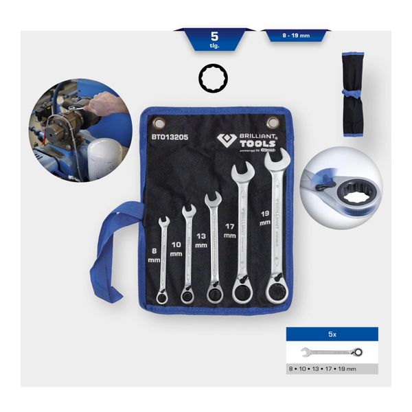 Brilliant Tools RatschenringschlüSsel-Satz, 5-Tlg, Umschaltbar, 8 - 19 Mm (BT013205)-image