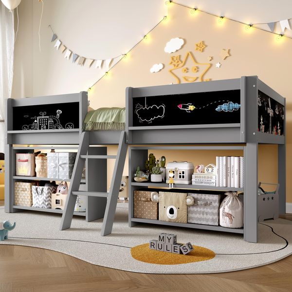 Letto A Soppalco Per Bambini Flieks 90X200Cm Con Asse, Letto A Castello Singolo Con Ripiano, Letto A Castello In Legno Letto A Castello Con Scala, Grigio-image