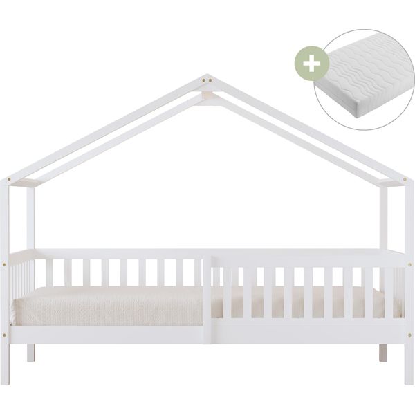 Sunny Kae Letto A Capanna Con Barriera Di Sicurezza, Bianco | Materasso Ibrido 90 X 200 Incluso (14 Cm, Schiuma Ibrida, Rivestimento In Poliestere) | Dimensioni Totali: 207 X 96 X 156,5 Cm-image