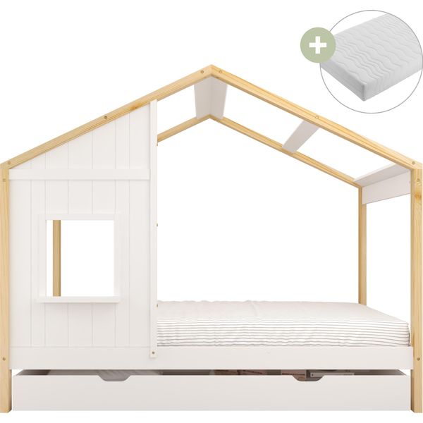 Sunny Beau Letto A Capanna Con Cassetto, Marrone/Bianco | Letto Per Bambini - Materasso Ibrido 90X200 Incluso (14 Cm, Schiuma Ibrida, Rivestimento In Poliestere) | Dimensioni Totali: 208 X 97 X 171 Cm-image