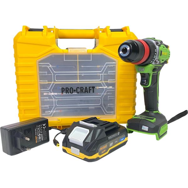 Procraft Pa18Prodfr2-1B-C Trapano Avvitatore A Batteria 20 V 30 Nm Brushless + 1X Batteria 2,0 Ah + Caricabatteria + Set Di 13 Punte + Valigetta-image