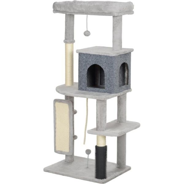 Fortuna Lai Albero Tiragraffi Per Gatti 132 Cm Con Palo Tiragraffi, Cuccia, Casetta, Piattaforme Di Salto, Spazzola Per La Toelettatura, Grigio Chiaro-image