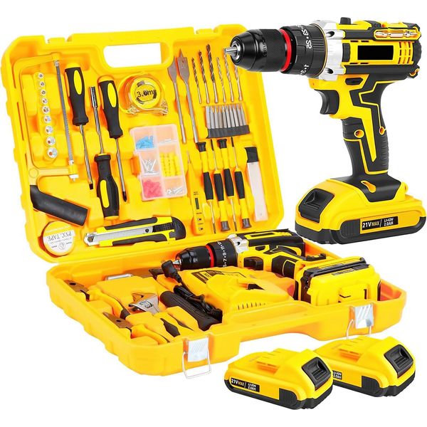 Set Trapano Avvitatore A Batteria, 21 V Agli Ioni Di Litio, 2 Velocità, Giallo-image