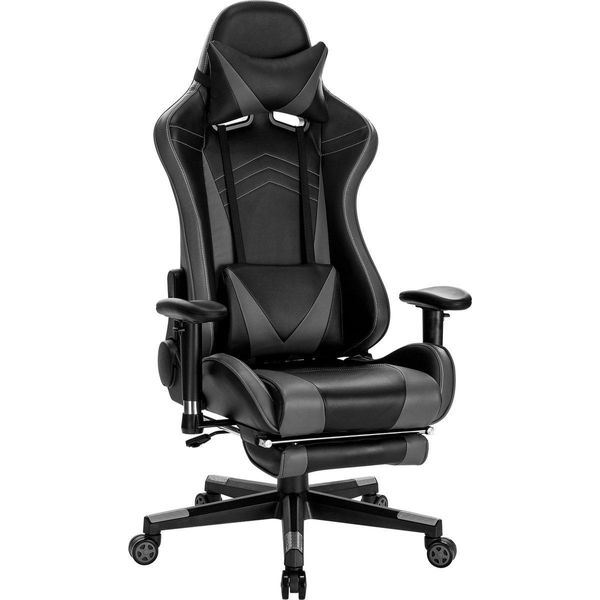 Sedia Da Gioco – Grigia – Con Poggiapiedi – Regolabile In Altezza – Sedia Da Gioco Ergonomica – Pelle Finta-image
