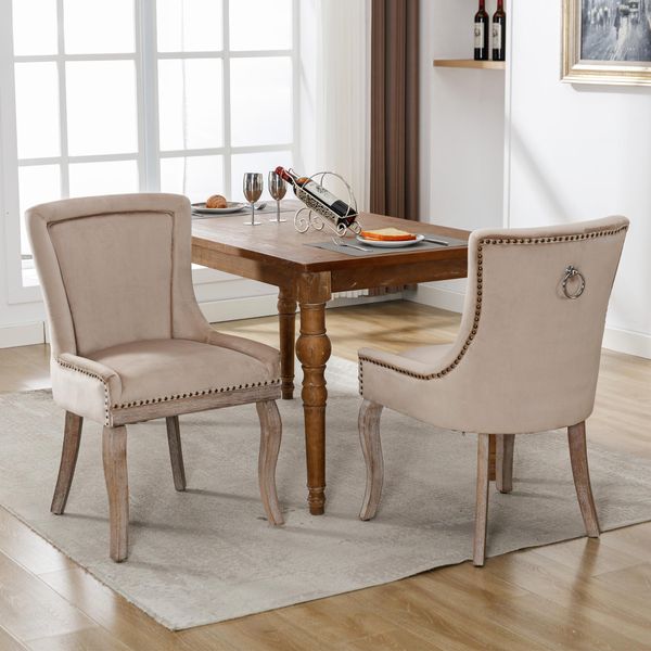 Sweiko Lussuosa Sedia Da Pranzo (Sedia Da Cucina, Sedia Da Soggiorno, 2 Pezzi), Sedia Imbottita Con Decorazioni In Chiodo, Gambe In Legno Massiccio, Rivestimento In Velluto, Beige-image