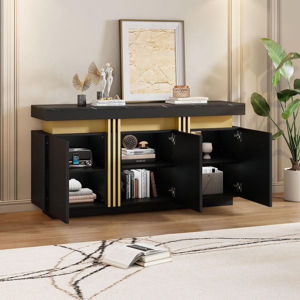 Sweiko 140X38X70Cm Moderno Sideboard Nero, 3 Ante, Mobile Da Sala Da Pranzo Con Ripiani Regolabili, Perfetto Per Cucina, Soggiorno, Sala Da Pranzo, Corridoio, Nero E Oro, Ampi Scomparti Senza Maniglie-image