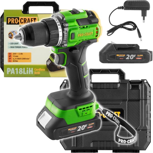 Procraft Pa18Lih-1B-C Avvitatore A Batteria 20 V 80 Nm Brushless + 1X Batteria 2,0 Ah + Caricabatteria + Valigetta-image