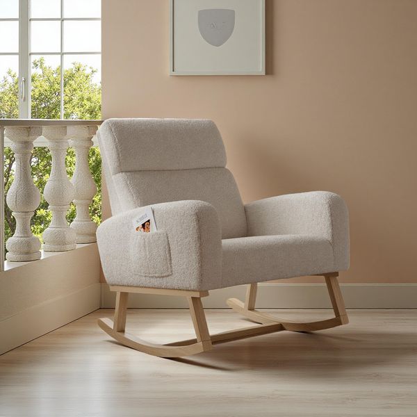 Unboxg Sedia A Dondolo Poltrona Relax Poltrona Da Salotto, Sedia A Dondolo Imbottita Sedia A Dondolo Fino A 130 Kg Portante Beige Sedia Da Salotto Per Soggiorno Camera Da Letto Balcone-image