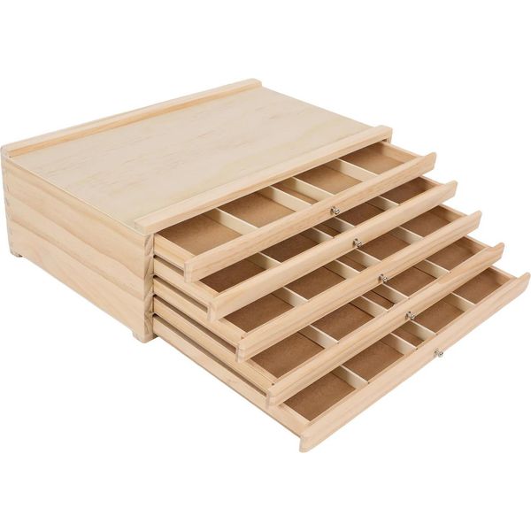 Scatola Portaoggetti In Legno - Cassettiera - 5 Cassetti - Legno Di Pino - Organizzatore Da Scrivania Per Penne E Pennelli - Gioielli E Materiali Artigianali - Marrone-image