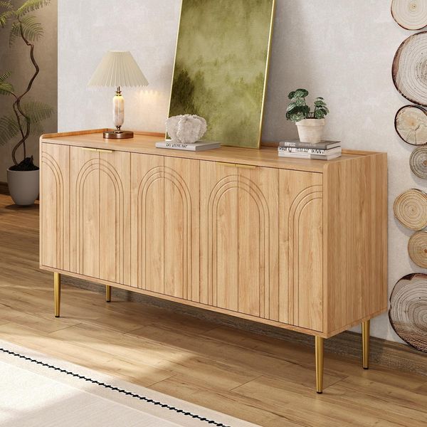 Credenza Merax Con 4 Ante E Ripiani Regolabili, Credenza Con Ante Curve E Gambe In Ferro Dorato, Cassettiera Moderna Nature-image