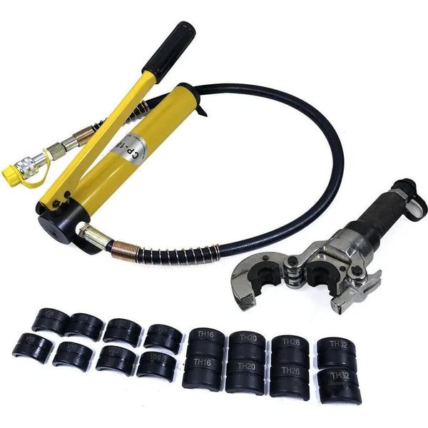 Pinza Idraulica - Utensile Per Pressatura Tubi - 6 T - V12-28 Mm E TH16-32 Mm - 9 Ganasce Di Pressatura - Per Tubi In Rame/Acciaio Inossidabile - 700 Kg/Cm² - Giallo-image