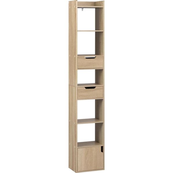Libreria - Scaffale Alto E Stretto - Con 6 Ripiani, 2 Cassetti - Dimensioni 33 X 181 X 24 Cm - Mdf E1 Con Melamina - Max. 50 Kg - Rovere Chiaro-image