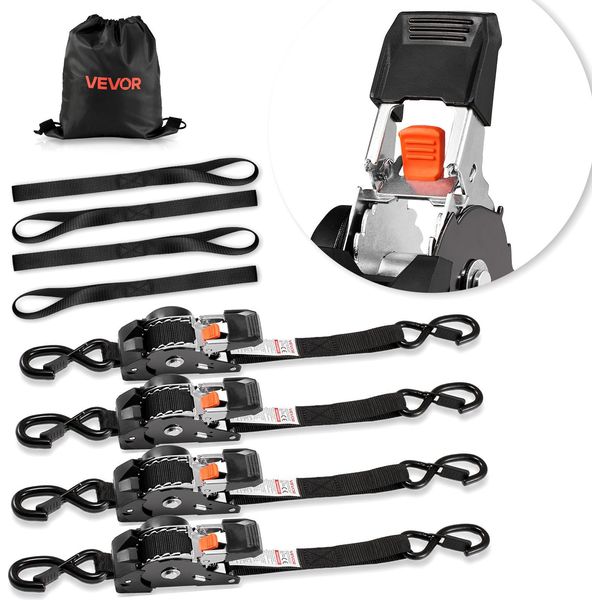 Vevor Cinghie Di Tensione Automatiche, 25,4X3048 Mm, Cinghie Di Tensione Con Ganci A S, 544 Kg Di Carico Di Rottura, 4 Passanti Morbidi, Meccanismo A Cricchetto Per Rimozioni, Rimorchi, Moto, Kayak, Tetti Di Auto, Confezione Da 4 Pz-image