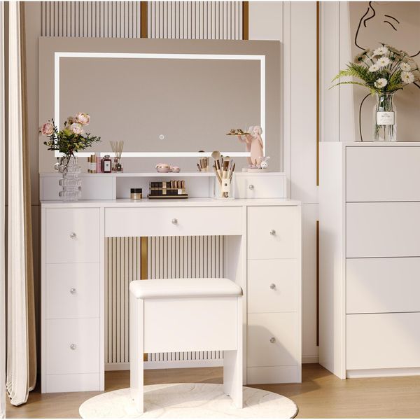 Tavolo Da Trucco Bianco Con Specchio Led A Tre Colori, Interruttore Touch E Ampio Spazio Di Archiviazione Con Sgabello-image