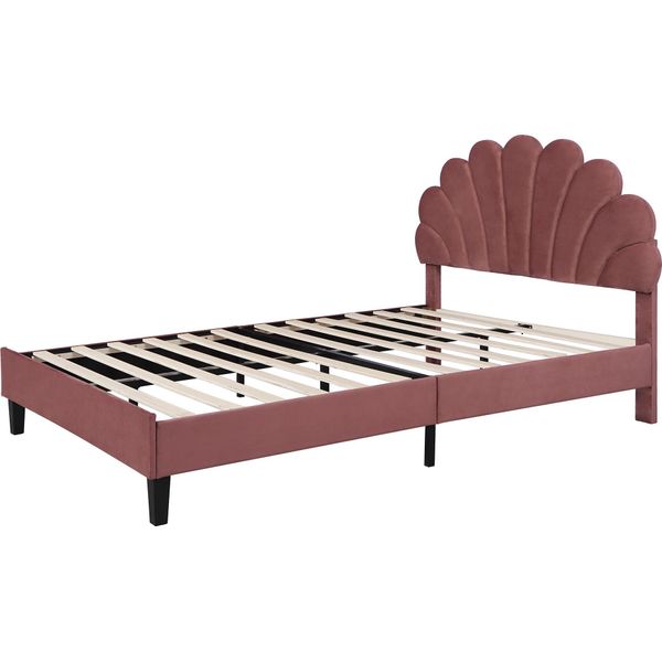Fortuna Lai Letto Imbottito Matrimoniale 140 X 200 Cm, Telaio Con Testiera A Forma Di Fiore E Rete A Doghe, Letto Per Adulti E Ragazzi In Velluto Delicato Sulla Pelle, Letto Per Ospiti (Colore: Rosso Fagiolo)-image