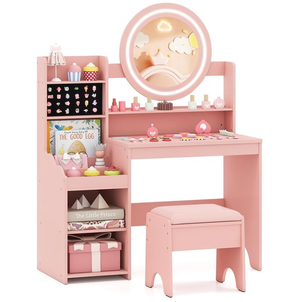 Costway Tavolino Da Toilette Per Bambini Con Illuminazione, Tavolino Da Toilette Per Bambini Con Specchio, Mensole E Sgabello Imbottito, Tavolino Da Toilette Per Bambine Dai 3 Anni In Su, Rosa-image