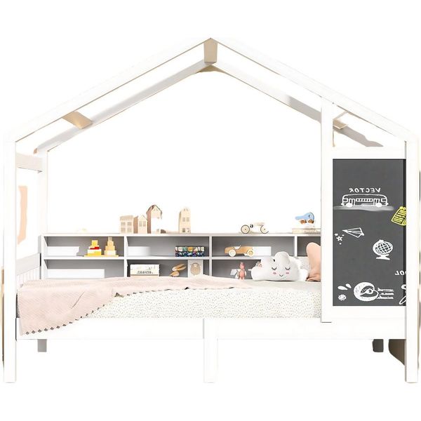 Letto Per Bambini 140X200 Cm – Letto A Casetta Montessori In Legno Massello – Letto A Casetta Per Bambini Con Tetto, Protezione Anticaduta E Ripiano – Senza Materasso-image