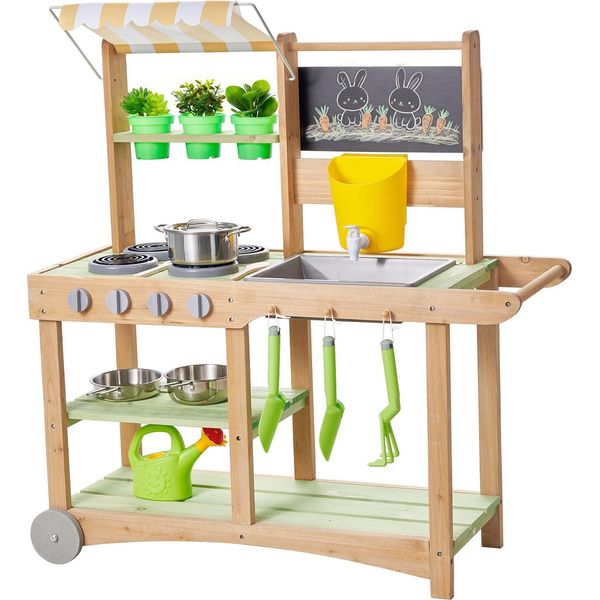 Cucina Giocattolo Vevor, Cucina Per Bambini, Cucina Giocattolo Con Cucchiai, Lavello, Parasole, Ruote Girevoli, Pentole E Accessori, Cucina In Legno, Ideale Per Bambini Dai 3 Anni In Su, 880X326X900 Mm-image
