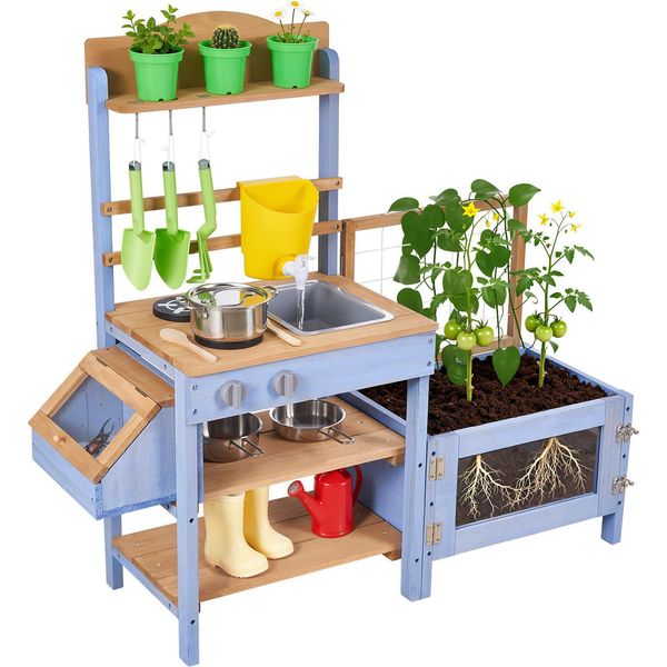 Vevor Cucina Giocattolo, Cucina Per Bambini, Cucina Giocattolo In Legno Con Vaso Per Piante, Serbatoio Dell'acqua, Lavello, Pentole E Accessori, Cucina In Legno Per Prato E Giardino, Per Bambini Dai 3 Anni In Su, 1060X370X995 Mm-image