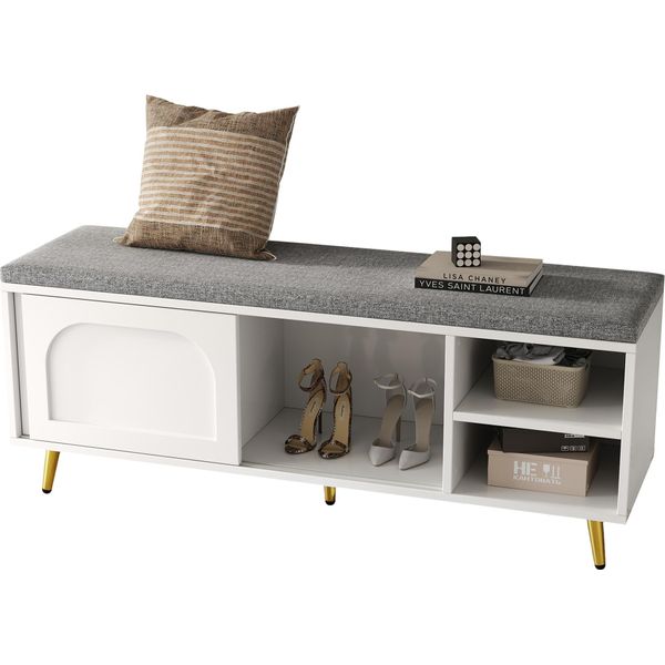 Panca Porta Scarpe, Scaffale Porta Scarpe Con Panca Panca Con Cuscino Porta Scarpe Con Spazio Contenitore Panca Guardaroba, Bianco, Dimensioni: L 121 × P 35 × A 49 Cm-image