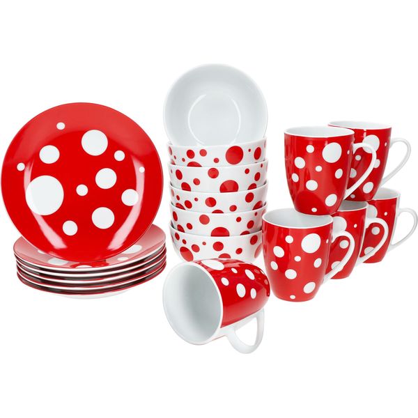 Pula Rosso Set Da Colazione 18 Pezzi Piatto In Porcellana Ciotola Tazza A Pois-image