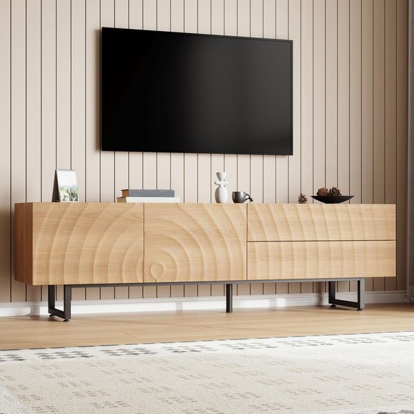 Mobile Tv Merax Con Doppio Cassetto E Ante, Mobile Tv Con Venature Ondulate 3D, Mobile Tv Basso In Stile Scandinavo Con Gambe In Metallo, Naturale-image