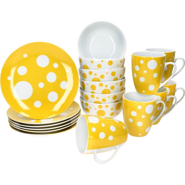 Pula Giallo 18 Pezzi Set Per La Colazione Piatto In Porcellana Ciotola Tazza A Pois-image