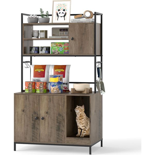 Armadio Per Gatti Costway Con Ripiani, Armadio Per Lettiera, Casetta Per Gatti Con Tiragraffi, 4 Ganci E Ingresso, Metallo, Mobili Per Gatti Da Interno, 78 X 51 X 137 Cm, Grigio-image