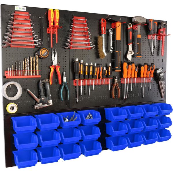 Botle® Parete Portautensili Parete Forata In Metallo, Contenitori Impilabili + Scaffale A Muro + Portautensili Set Da 51 Pezzi, Contenitore Per Minuteria, Officina A Muro Con 24 Contenitori Blu Impilabili, Scaffale Sospeso Scaffale Divisorio-image