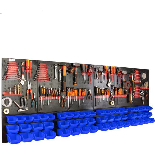 Botle® Parete Portautensili Parete Forata In Metallo, Contenitori Impilabili + Scaffale A Muro + Portautensili Set Da 110 Pezzi, Contenitori Per Minuteria, Officina A Muro Con 56 Contenitori Blu Impilabili, Scaffale Sospeso Scaffale Di Smistamento-image