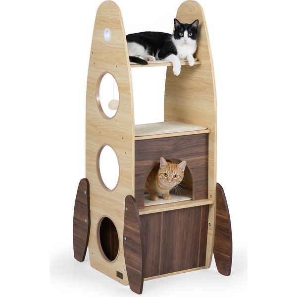 Costway Tiragraffi Piccolo, A Forma Di Razzo, Tiragraffi Con Casetta A 2 Piani, Piattaforme, Tappetino In Sisal E Pallina, Mobili Per Gatti In Legno Marrone+Naturale-image