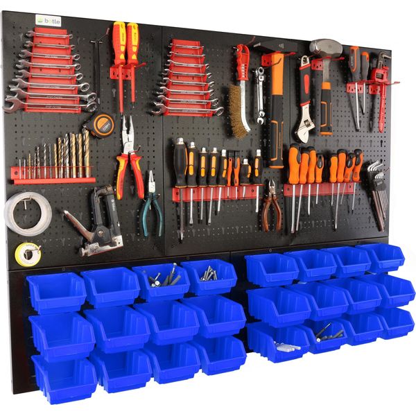 Botle® Parete Portautensili Parete Forata In Metallo, Contenitori Impilabili + Scaffale A Muro + Portautensili Set Da 51 Pezzi, Contenitore Per Minuteria, Officina A Muro Con 24 Contenitori Blu Impilabili Piccoli E Grandi, Scaffale Sospeso Scaffale Di Sm-image