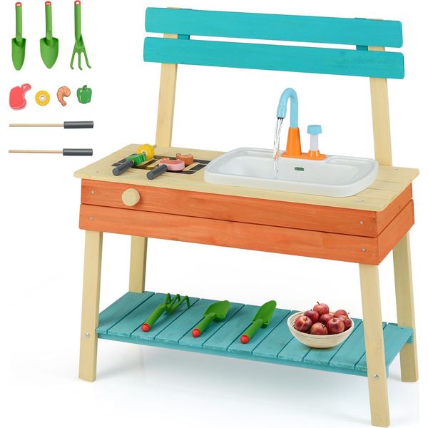 Costway Cucina Da Esterno Per Bambini, Cucina Da Esterno In Legno Con Rubinetto, Grill, Spiedini Di Legno, Alimenti E Accessori Da Giardino, Cucina Da Esterno Per Bambini Dai 3 Anni In Su-image