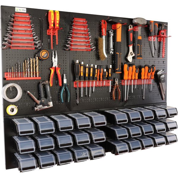 Botle® Parete Portautensili Parete Forata In Metallo, Contenitori Impilabili + Scaffale A Muro + Portautensili Set Da 47 Pezzi, Contenitore Per Minuteria, Officina A Muro Con 20 Contenitori Impilabili, Scaffale Sospeso Scaffale Di Smistamento-image