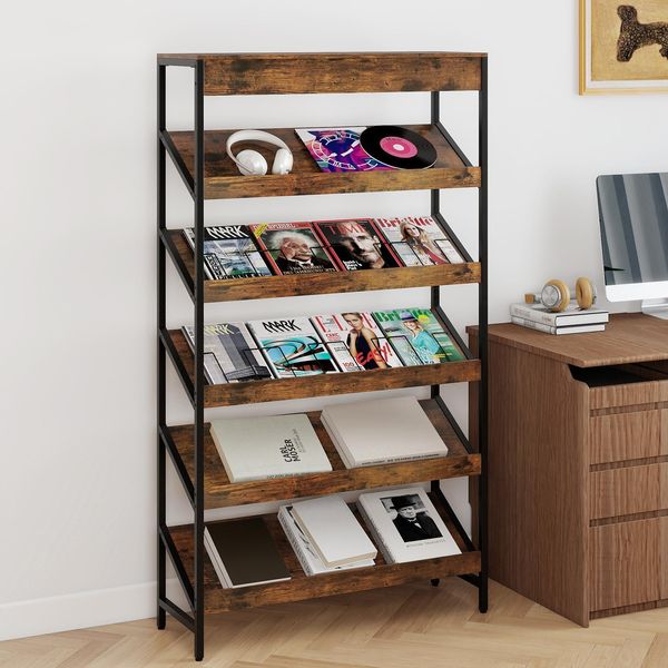 Costway Libreria A 6 Ripiani, Scaffale Espositivo Indipendente Da 161 Cm, Scaffale Con Struttura In Metallo, Scaffale Portaoggetti 90X30X161 Cm Marrone-image