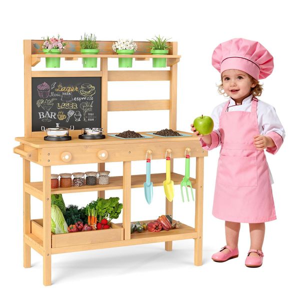 Costway Cucina Da Esterno Per Bambini, Cucina Per Bambini Con Lavagna, Rubinetto, Lavello, Vasi Da Fiori E Accessori Da Giardino, Cucina Da Gioco Da Giardino In Legno, Per Bambini Dai 3 Anni In Su-image