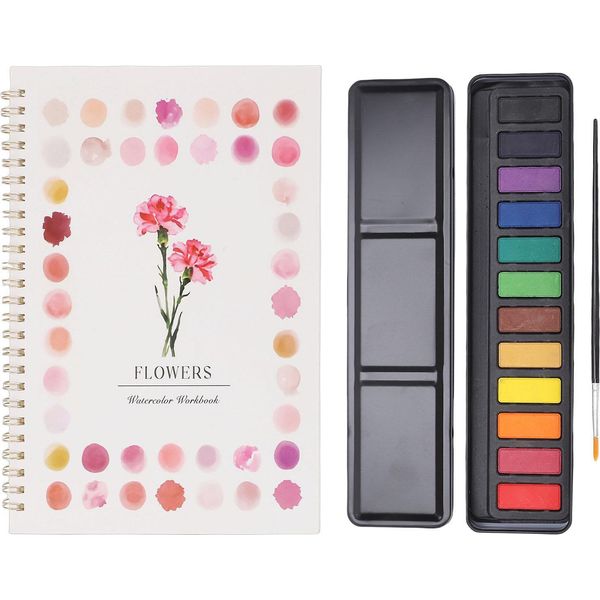 Libro Di Acquerello Per Principianti, 12 Colori, Set Di Acquerelli Con Pennello Per Bambini, Fiori-image